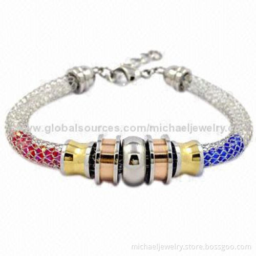 Mesh stainless steel bracelets with red/blue/white crystals inside, gold/IP rose gold plating